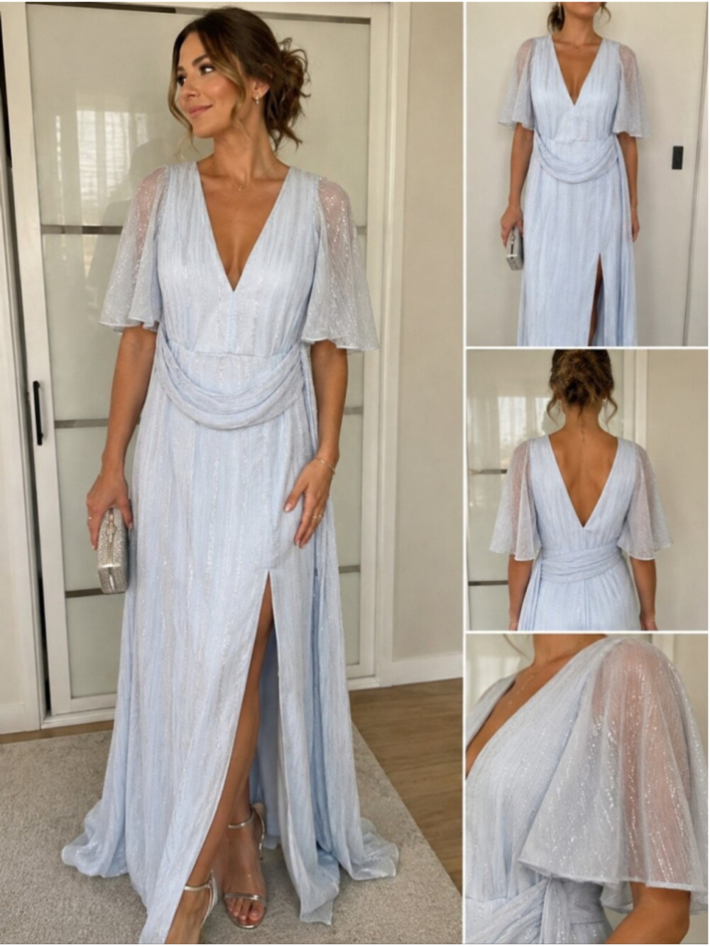Topshop Pale Blue Silver Metallic Shimmer Maxi Dress US 10
